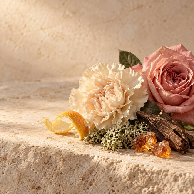 Al Manlé — original RichandLuxe perfumer editorial still-life on warm ivory stone