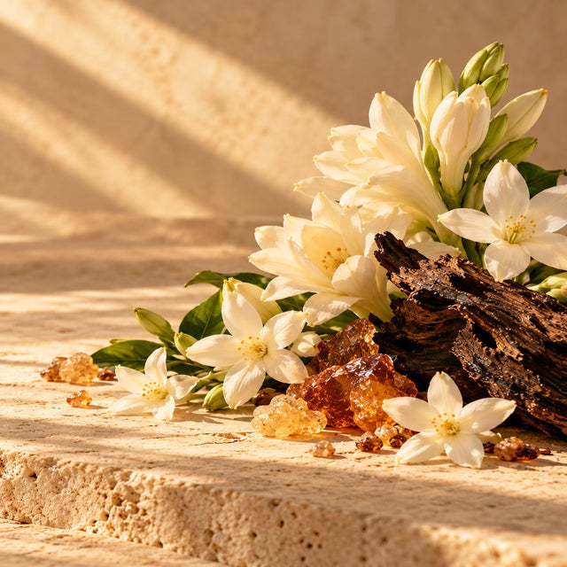 Editorial artwork for Giuseppe Imprezzabile: white tuberose and jasmine with dark incense resin arranged on warm ivory limestone.