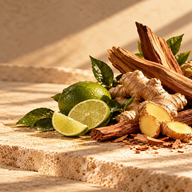 Editorial artwork for Givaudan: fresh lime, ginger root and smooth sandalwood arranged on warm ivory limestone.