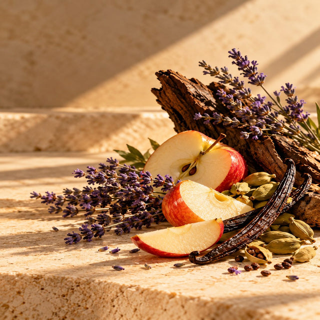 Editorial artwork for Hamid Merati-Kashani: apple slices, lavender, cardamom and vanilla pods arranged on warm ivory limestone.