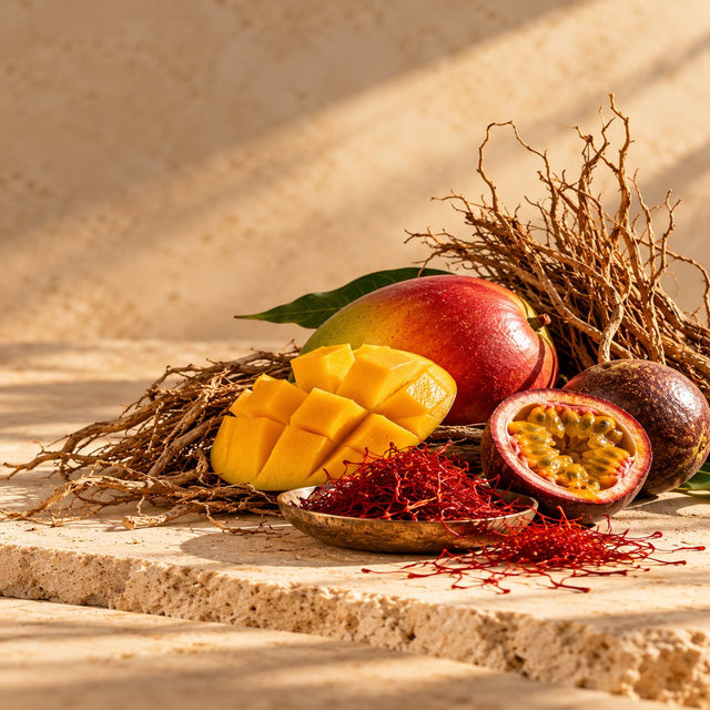 Editorial artwork for Harrison Sherwood: mango, passion fruit, vetiver roots and saffron arranged on warm ivory limestone.