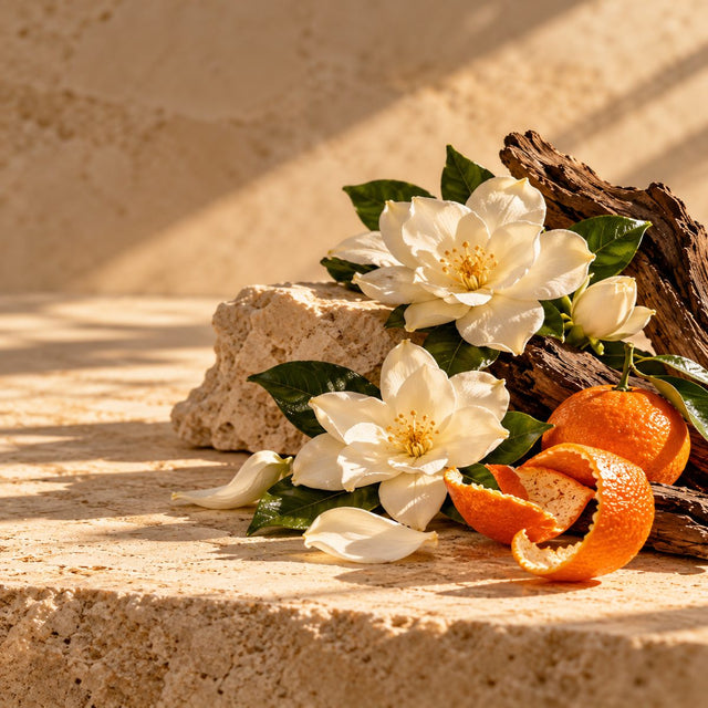 Editorial artwork for Harry Fremont: ivory gardenia blossoms, mandarin peel and soft pale stone arranged on warm ivory limestone.