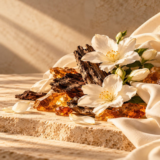 Editorial artwork for Honorine Blanc: white flowers, amber resin and soft cream folds arranged on warm ivory limestone.