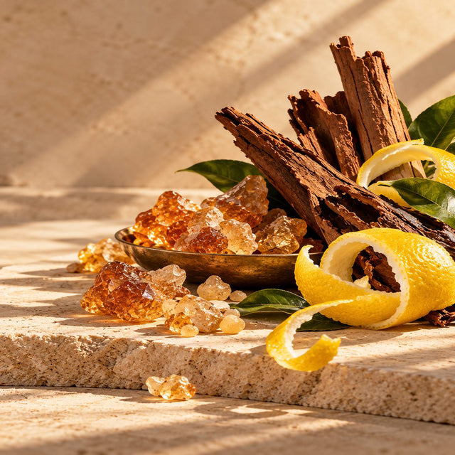 Editorial artwork for Jacques Flori: frankincense resin, cinnamon bark and fresh lemon peel arranged on warm ivory limestone.