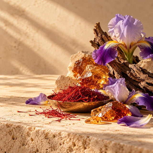 Editorial artwork for Jacques Huclier: amber resin, iris and saffron arranged on warm ivory limestone.
