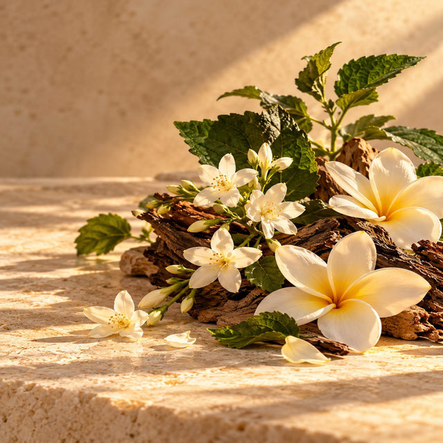 Editorial artwork for Jacques Polge: pale jasmine, patchouli leaves and frangipani arranged on warm ivory limestone.