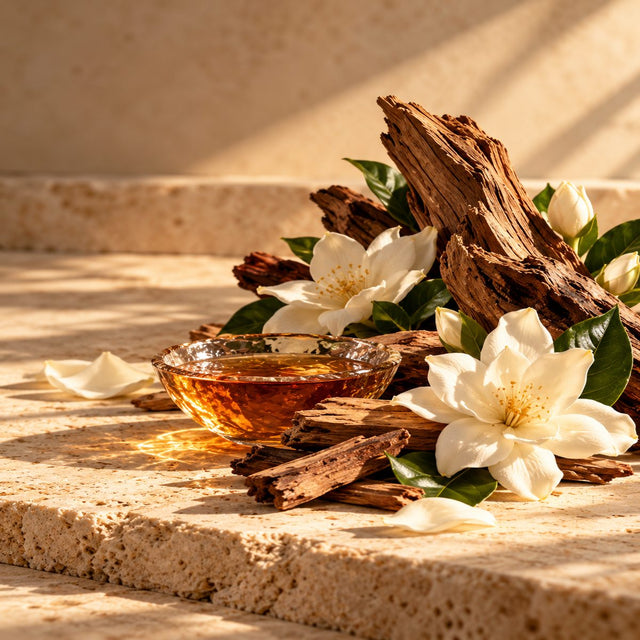 Editorial artwork for Jean Jacques: sandalwood, white gardenia and a small dish of rum-colored liquid arranged on warm ivory limestone.