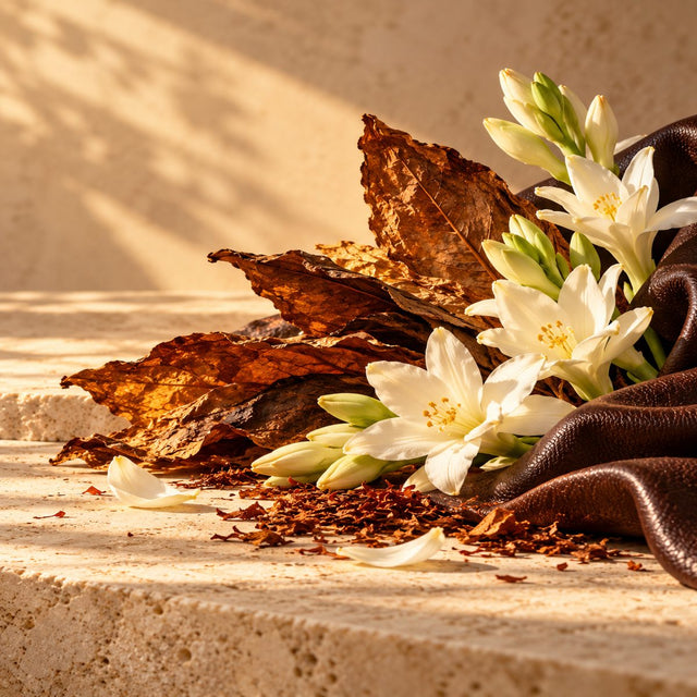 Editorial artwork for Jean Louis Sieuzac: tobacco leaves, white tuberose and dark leather-textured fabric arranged on warm ivory limestone.