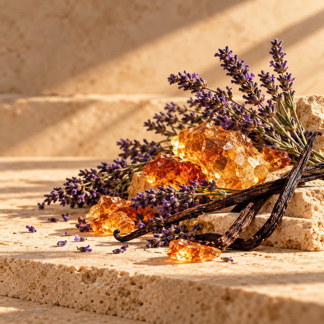 Editorial artwork for Jean-Francois Laporte: amber resin, lavender and a few vanilla pods arranged on warm ivory limestone.