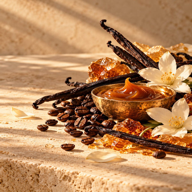 Editorial artwork for Jimmy Bodin: vanilla pods, a bowl of golden caramel and roasted coffee beans arranged on warm ivory limestone.