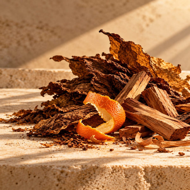 Editorial artwork for Johan Bergelin: tobacco leaves, sandalwood and a sliver of orange peel arranged on warm ivory limestone.