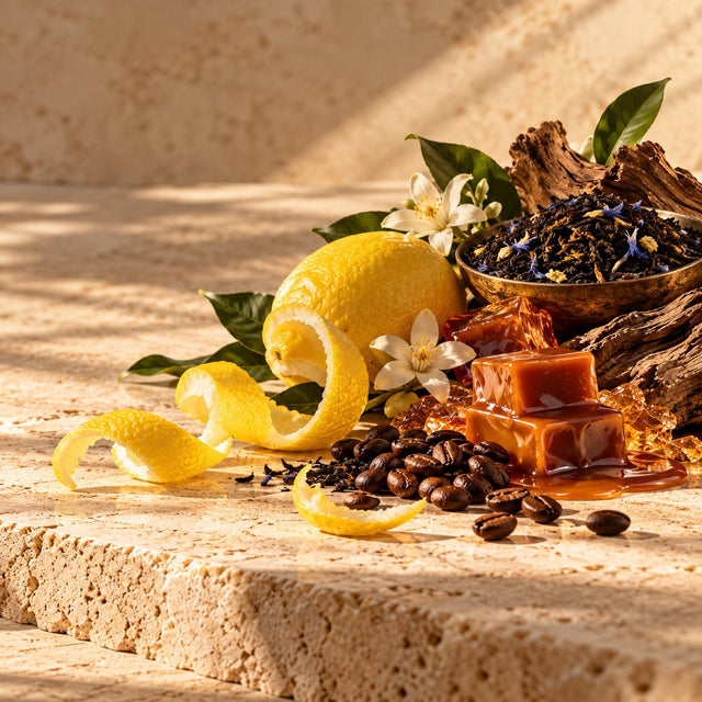 Editorial artwork for John Pegg: lemon peel, Earl Grey tea, caramel and coffee arranged on warm ivory limestone.