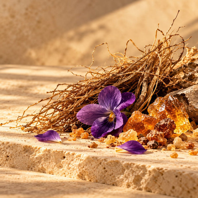 Editorial artwork for John Stephen: vetiver roots, incense resin and a single violet arranged on warm ivory limestone.