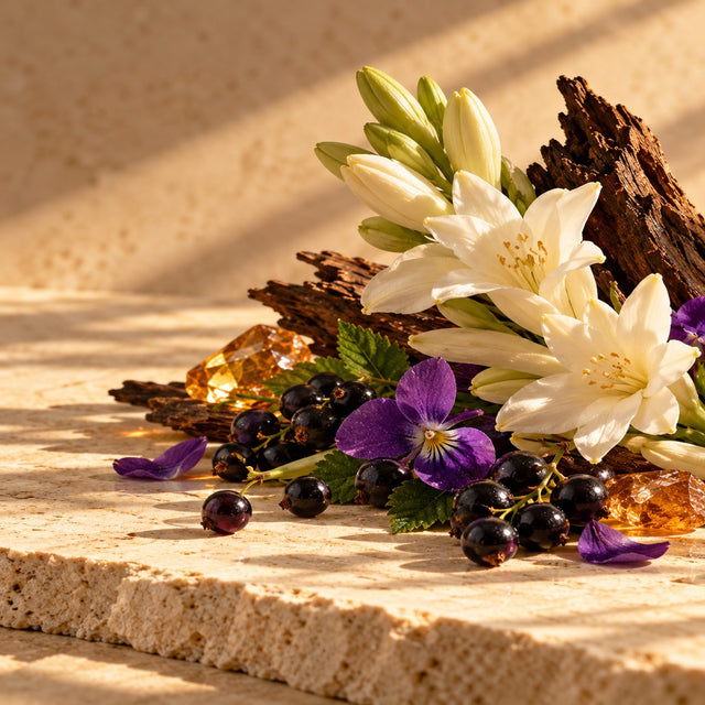 Editorial artwork for Julie Lerendu: blackcurrants, a violet and ivory tuberose arranged on warm ivory limestone.