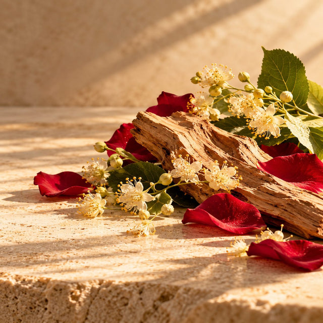 Editorial artwork for Julie Pluchet: linden blossom, rose petals and a piece of creamy sandalwood arranged on warm ivory limestone.