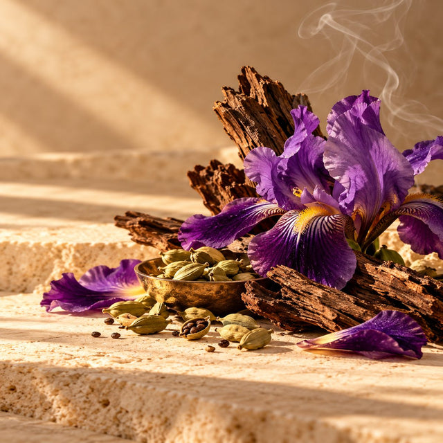 Editorial artwork for Julien Rasquinet: purple iris, smoky cedar and cardamom arranged on warm ivory limestone.