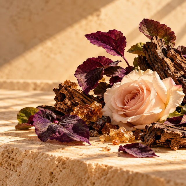 Editorial artwork for Juliette Karagueuzoglou: violet leaves, patchouli and a pale rose arranged on warm ivory limestone.