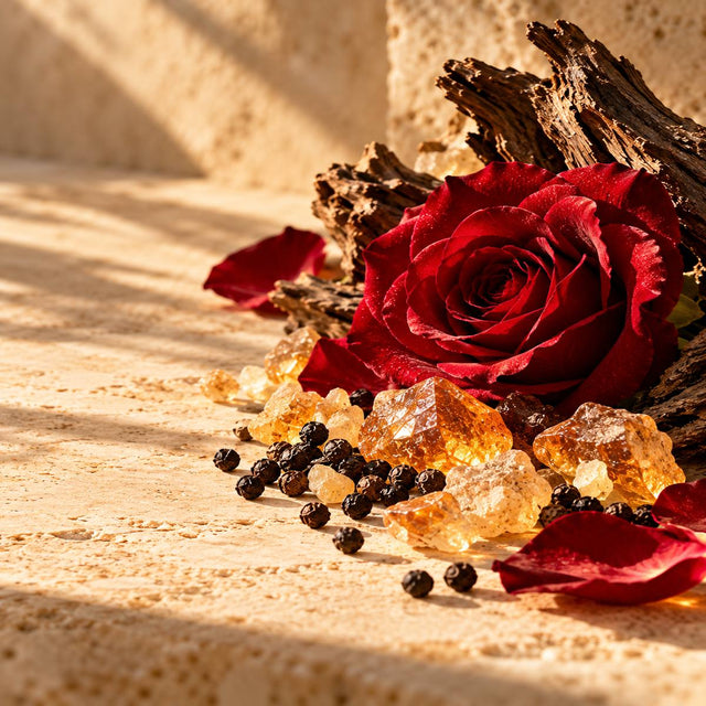 Liz Moores — original RichandLuxe perfumer editorial still-life on warm ivory stone