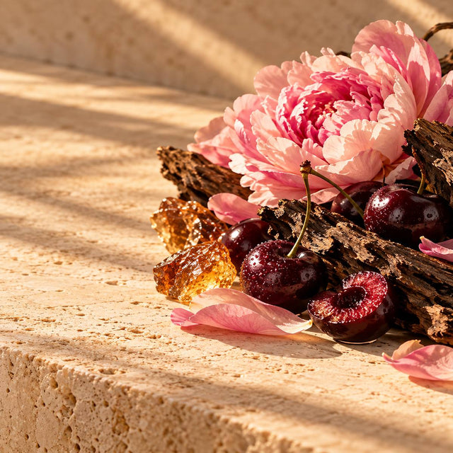 Luca Gritti — original RichandLuxe perfumer editorial still-life on warm ivory stone