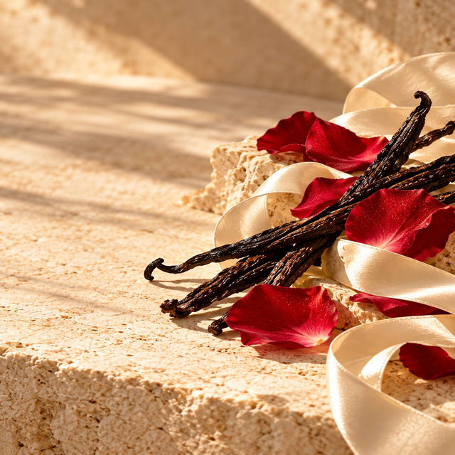 Marie Duchêne — original RichandLuxe perfumer editorial still-life on warm ivory stone