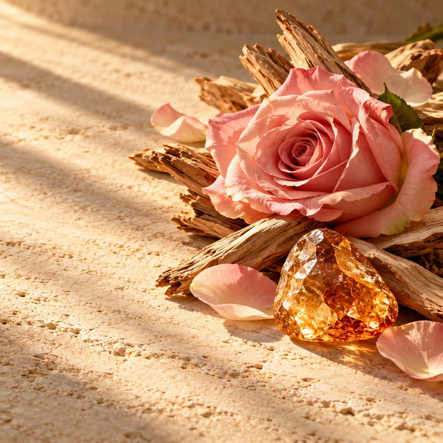 Marzia Tissino — original RichandLuxe perfumer editorial still-life on warm ivory stone