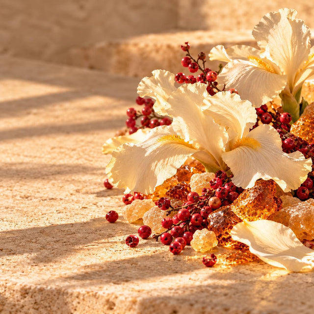 Philippine Courtière — original RichandLuxe perfumer editorial still-life on warm ivory stone