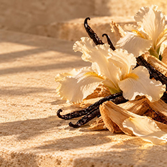 Stéphanie de Bruijn — original RichandLuxe perfumer editorial still-life on warm ivory stone