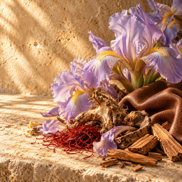 Christian Carbonnel — original RichandLuxe perfumer editorial still-life on warm ivory stone