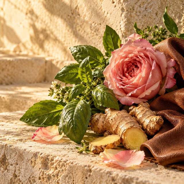 Christopher DiCas — original RichandLuxe perfumer editorial still-life on warm ivory stone