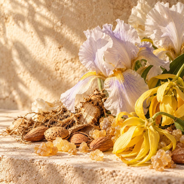Cristian Calabro — original RichandLuxe perfumer editorial still-life on warm ivory stone