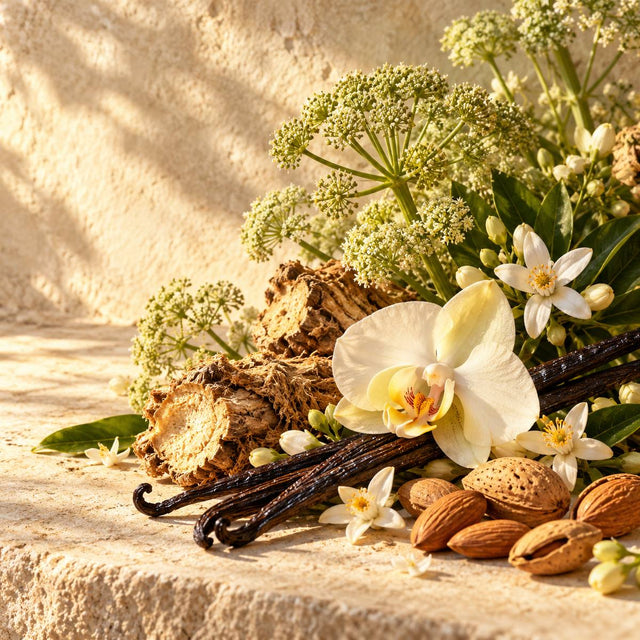 Daniela Andrier — original RichandLuxe perfumer editorial still-life on warm ivory stone