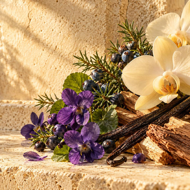 David Apel — original RichandLuxe perfumer editorial still-life on warm ivory stone