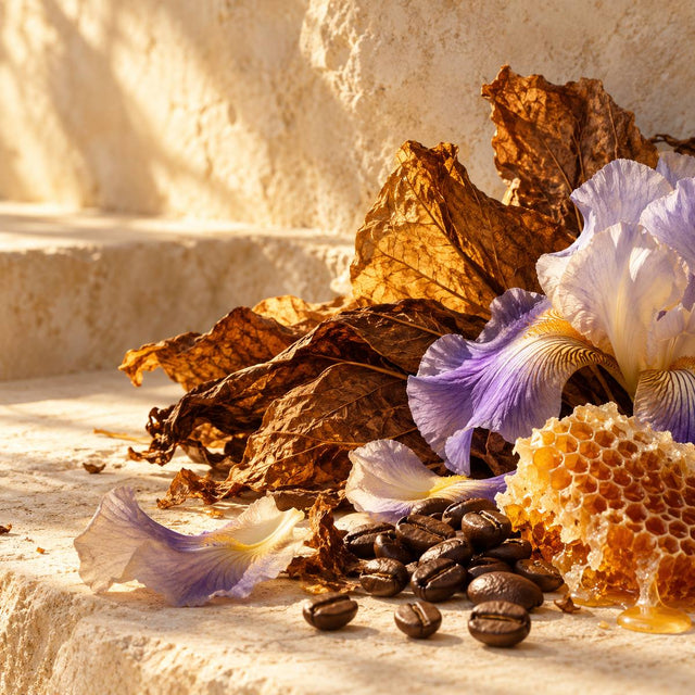 Delphine Jelk — original RichandLuxe perfumer editorial still-life on warm ivory stone