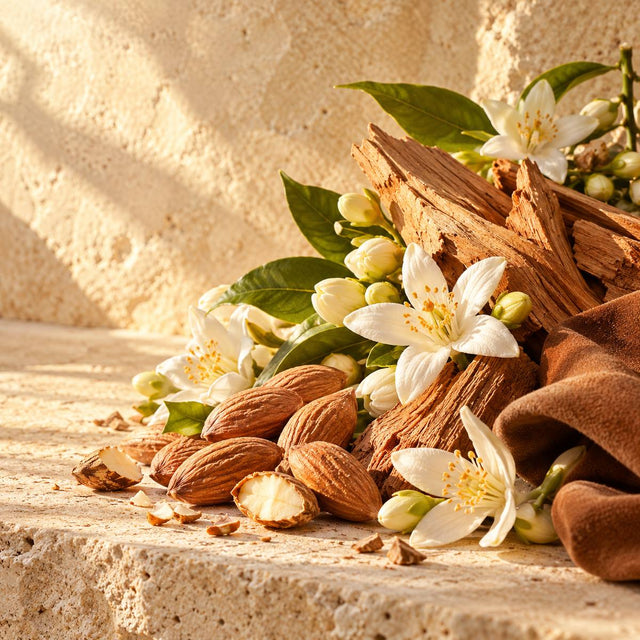 Delphine Thierry — original RichandLuxe perfumer editorial still-life on warm ivory stone