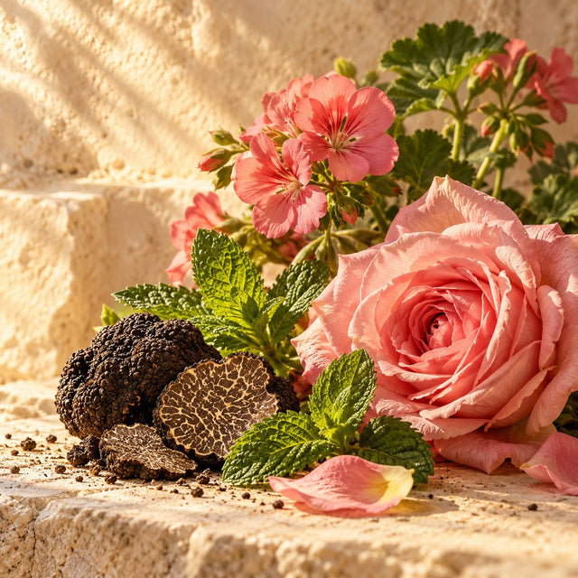 Edouard Flechier — original RichandLuxe perfumer editorial still-life on warm ivory stone