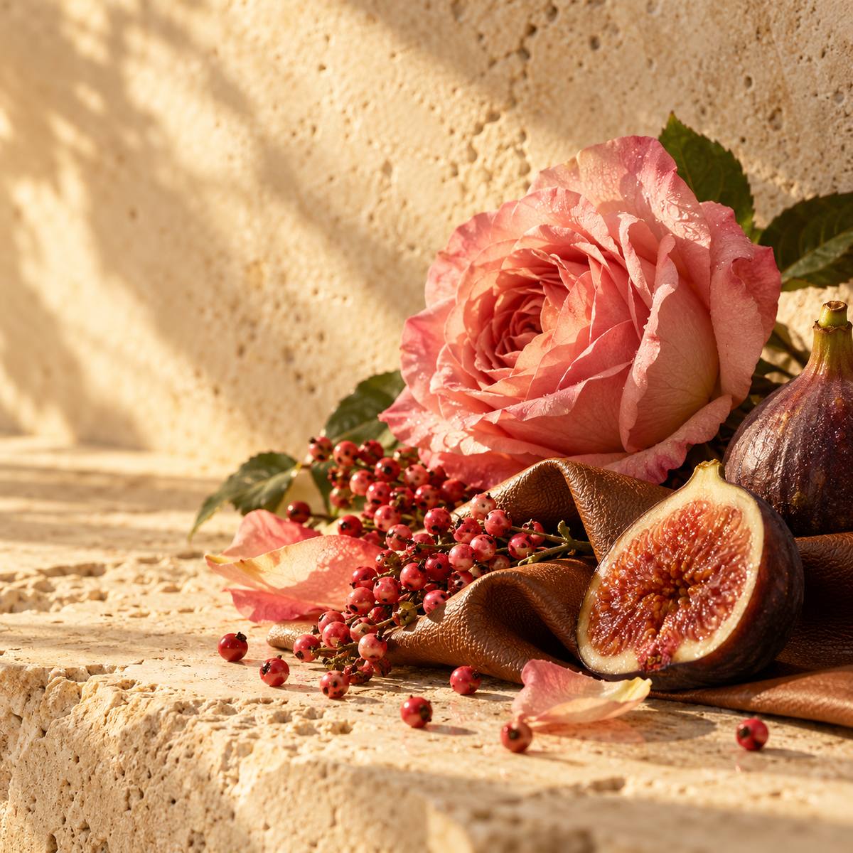 Emilie Bouge — original RichandLuxe perfumer editorial still-life on warm ivory stone