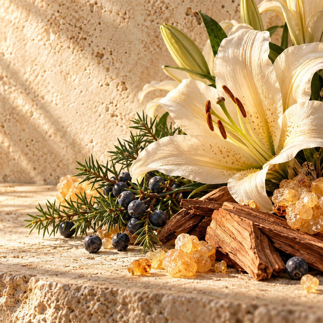 Fabrice Pellegrin — original RichandLuxe perfumer editorial still-life on warm ivory stone