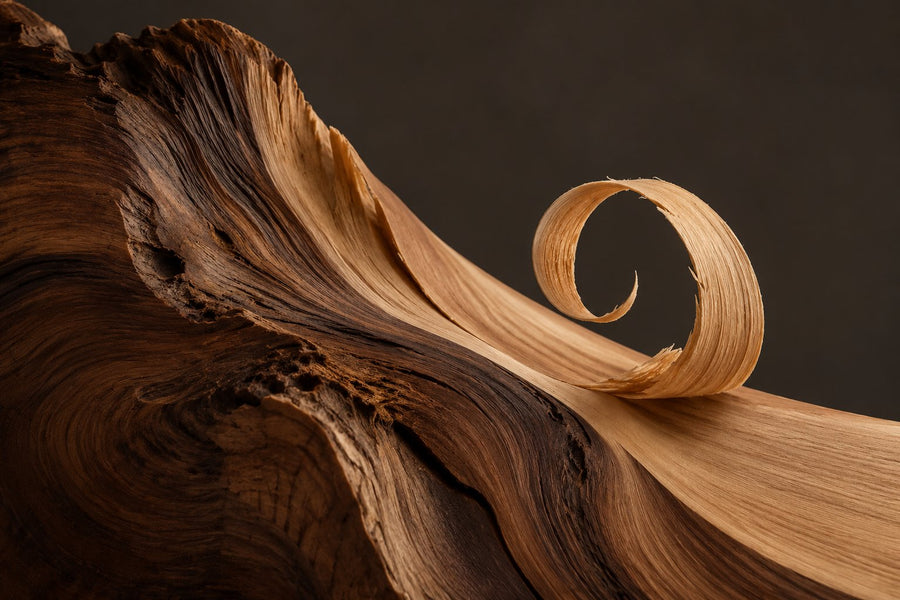 Sculptural wood grain and a single curled shaving against graphite