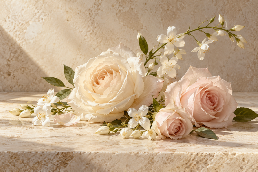 Cream and blush roses with white blossoms on pale limestone