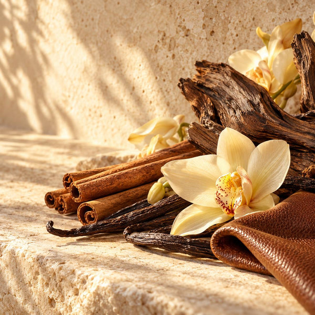 Frank Muller — original RichandLuxe perfumer editorial still-life on warm ivory stone