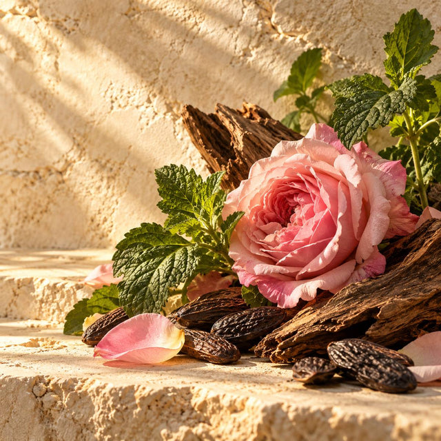 Francois Demachy — original RichandLuxe perfumer editorial still-life on warm ivory stone