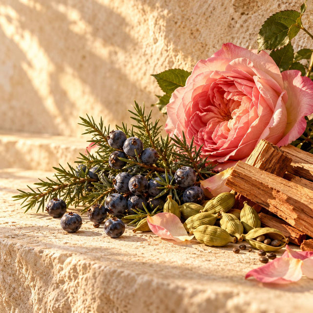 Frank Voelkl — original RichandLuxe perfumer editorial still-life on warm ivory stone