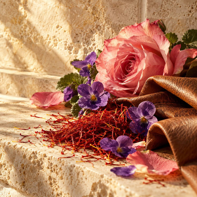 Gael Montero — original RichandLuxe perfumer editorial still-life on warm ivory stone