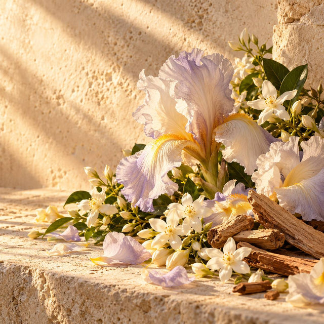 Gerald Ghislain — original RichandLuxe perfumer editorial still-life on warm ivory stone