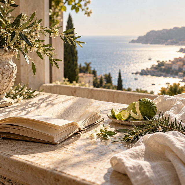 Editorial artwork for Albert Fouquet: a French Riviera landscape with a writing desk and aromatic materials.