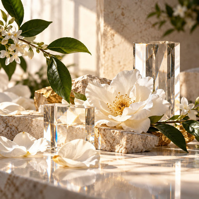 Editorial artwork for Alberto Morillas: white petals, clean glass prisms and botanical green leaves in luminous Geneva-like morning light.