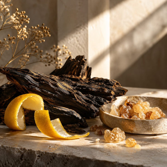 Editorial artwork for Alexis Grugeon: charred wood, lemon peel, frankincense resin and bright diagonal sun through smoke-free air.