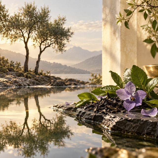 Editorial artwork for Aliénor Massenet: two slender trees reflected in still water, tea leaves, a violet blossom on slate; airy green and lavender.