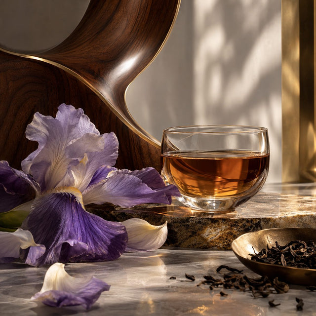 Editorial artwork for Amélie Bourgeois: an abstract electric-guitar-like polished wood curve, iris petals and black tea in an unmarked clear glass.