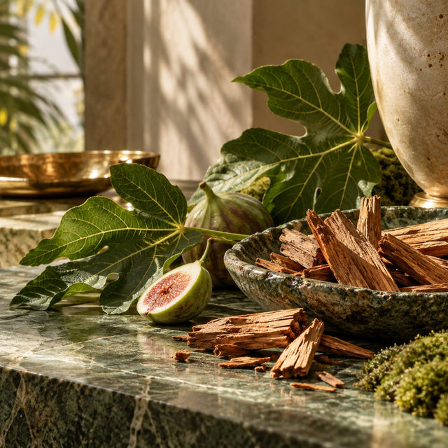 Editorial artwork for Amélie Jacquin: sandalwood chips and green fig leaves on a moss green stone table with tropical light.